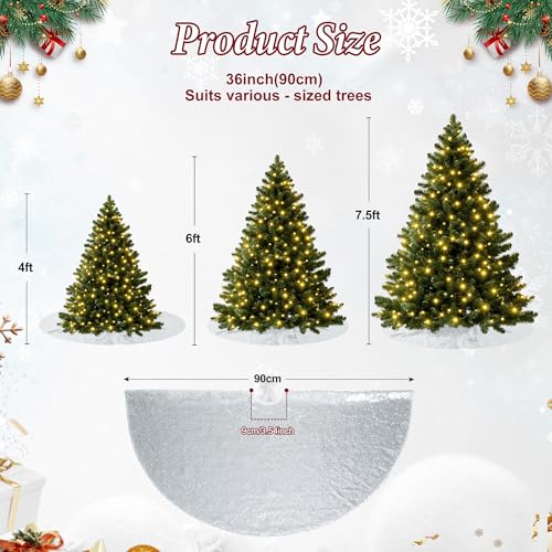 PartyDelight Silver Christmas Tree Skirt 36 inch Sequin Sparkly Base Cover for Merry Christmas Party Holiday Home Indoor Xmas Tree Decorations