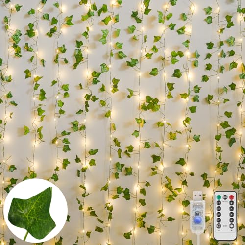 suddus Vines with Light for Bedroom, 200 LED Fairy Lights with Vines, Ivy Curtain Lights for Dorm, Wedding, Party, Wall, Indoor, Outdoor Decor, 6.5ft x 6.5ft with Remote（Warm White）