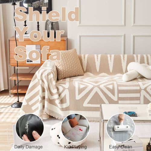 VClife Couch Cover, Boho Tribal Geometric Sofa Cover, Beige-White, 71X118 | Chenille Fabric, Soft Thick, Easy Care, Dog Western Couch Cover for 2 Cushion Couch Sofa, Multi-use Furniture Protector