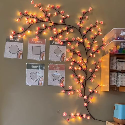 Cherry Blossom Tree Branch Lights for Wall,Cherry Enchanted Willow Vine Lights,with 48 LED and 8 Lighting Modes,Remote Timer,for Bedroom Wall Doors Windows Wedding Christmas Holiday (47inch)