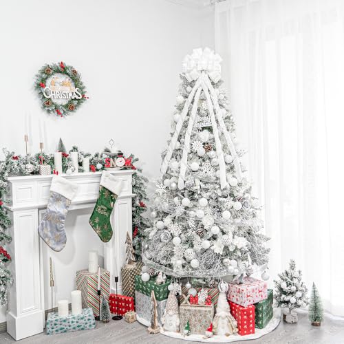 Hismir Christmas Tree Topper Bow，53x13 Inches Large Christmas Bow with Glitter Streamer and Patterned Ribbon，Decorative Bows for Xmas Tree Wreath Door Festival Home Decor(White)