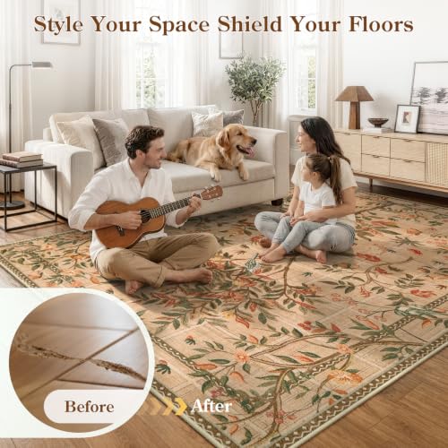 Machine Washable Area Rugs 5x7, Boho Floral Dining Room Rug Non Slip, Soft Low-Pile Flower Indoor Floor Throw Carpet for Living Room Home Office Playroom Foyer, Brown