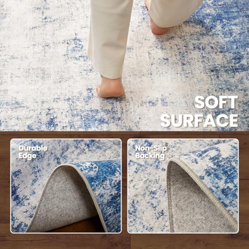 6x9 Blue Gray Washable Area Rug for Living Room, Vintage Print