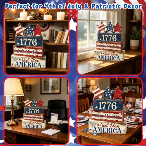 4th of July Table Decorations Patriotic Memorial Day Tiered Tray Decor Wooden Star Block Signs Independence Farmhouse 250th July Fouth Centerpiece for Tables Wooden Sign for Home Decor