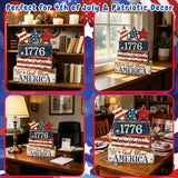 4th of July Table Decorations Patriotic Memorial Day Tiered Tray Decor Wooden Star Block Signs Independence Farmhouse 250th July Fouth Centerpiece for Tables Wooden Sign for Home Decor