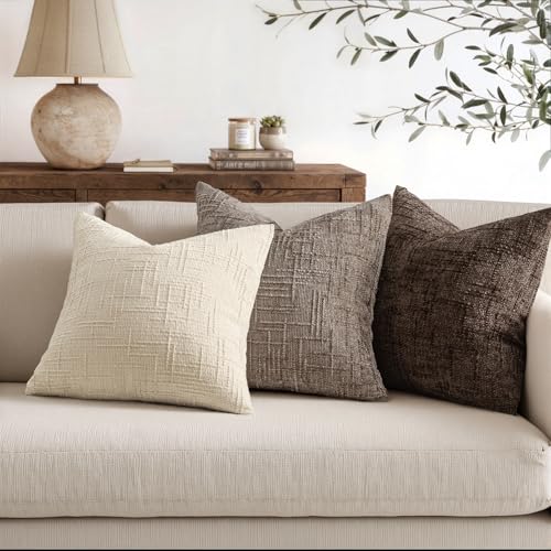 MIULEE Textured Throw Pillow Covers Thick Chenille Decorative Pillows Taupe Grey 18x18 Inch Set of 2 Modern Boho Farmhouse Home Decor Neutral Cushion Covers for Couch Sofa Living Room Bedroom