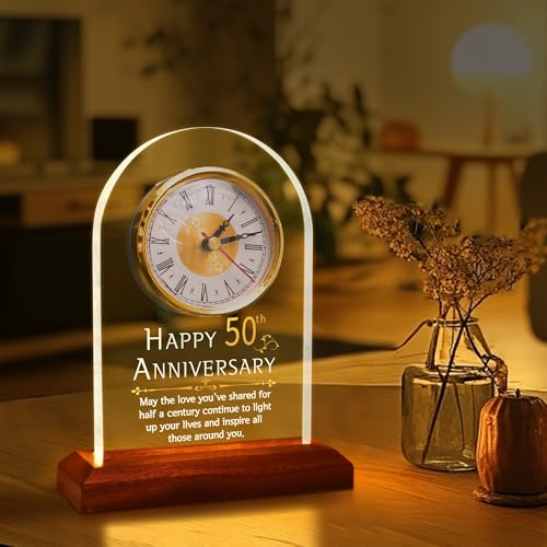 OkiyiD 50th Anniversary Wedding Gift, Anniversary Quartz Clock, Desk Table Clock, 50 Years of Marriage, Golden Wedding for Couple, Parents, Grandparents (Wooden Base with LED Light)