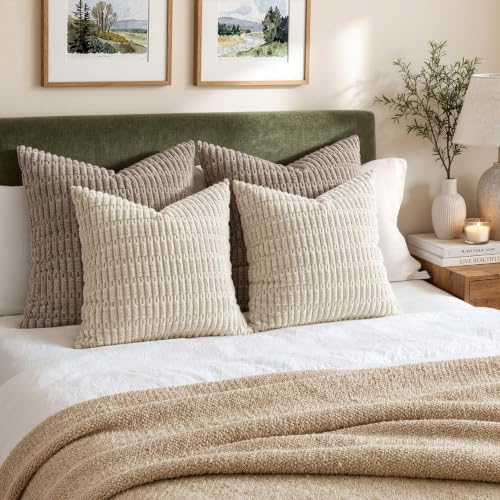 MIULEE Pack of 2 Corduroy Decorative Throw Pillow Covers 20x20 Inch Soft Boho Striped Pillow Covers Modern Farmhouse Home Decor for Sofa Living Room Couch Bed Cream White