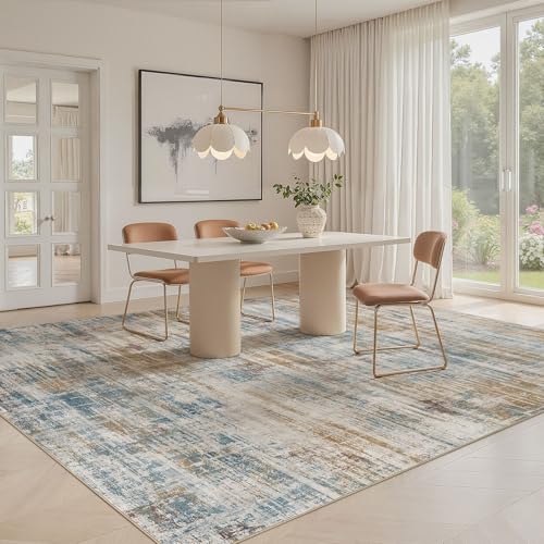 UERMEI 9x12 Area Rug for Living Room: Washable Modern Neutral Abstract Large Soft Low Pile Carpet Non-Slip Pet Kids Friendly Indoor Decor for Bedroom Dining Room Home Office Nursery Blue Brown