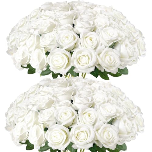 50Pcs White Roses Artificial Flowers with Stems，Fake Roses Bouquet Fake Flowers Bulk，Silk Velvet Roses for Wedding Centerpieces Arrangement Baby Shower Birthday Home Decor Gifts