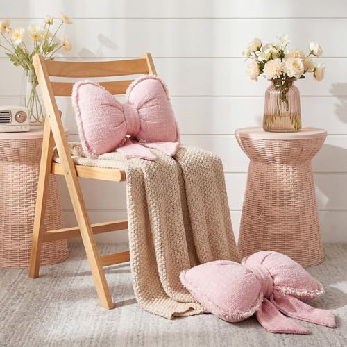 Kathfly Pink Bow Pillow Soft Bow Shaped Throw Pillows Decorative Cute Cushion Aesthetic Home Decor for Room Bed Sofa Couch(Lace Trim,Polyester)