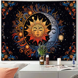 Apdidl Hippie Sun and Moon Tapestry Wall Hanging for Bedroom Aesthetic, Boho Bohemian Hippy Mystic Floral Tapestries, Mandala Floral Backdrop Decor for Living Room Dorm (51"X60")