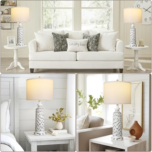QiMH 26" Table Lamps Set of 2, Modern Bedside Lamps with USB A+C Ports, 3-Way Dimmable Touch Control & White Shade, Coastal White Gray Nightstand Lamp for Living Room Bedroom, Included 2700K LED Bulbs