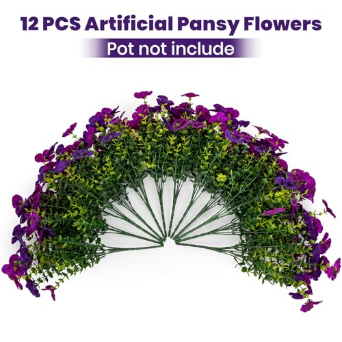 12 Piece Outdoor Artificial Flowers Fake Pansies -Two-Tone Faux Flowers per Stem, UV Resistant for Indoor Outdoor Porch Garden Planters Patio Window Box Home Decor(Purplish Red)