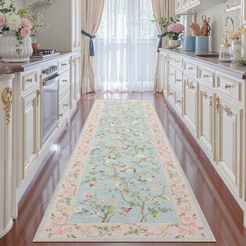 jinchan 3x8 Washable Hallway Runner Rug, Chinoiserie Floral, Blue/Pink