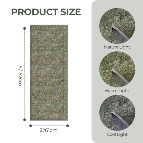 2x5 Runner Rug, Floral Kitchen Rugs Washable Green Rug, Dark Green