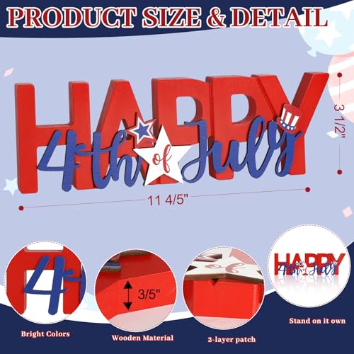 COCHIE Wooden Happy 4th of July Sign, Fourth of July Decorations for Home, Office, Shelf, Mantel, Indoor, Wood Patriotic Decor, Red Blue and White Table Top Centerpiece Party Decoration (Patriotic)