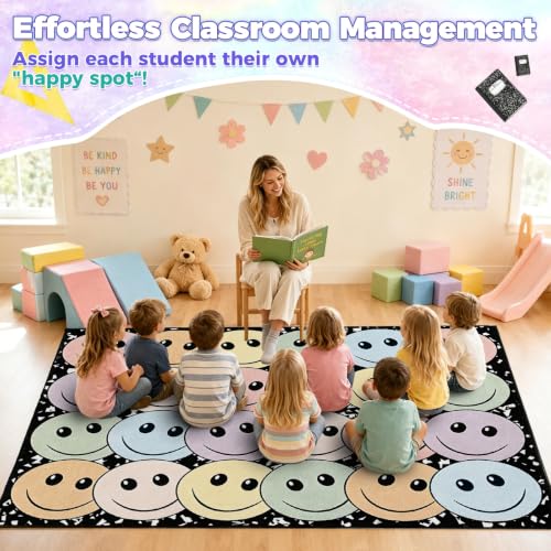 8' x 10' Composition Notebook Classroom Rug Pastel Smiley Face Seating Carpet for Kids, Washable Non-Slip Educational Area Rugs Large Soft Play Mat for Kindergarten Nursery Playroom Decor