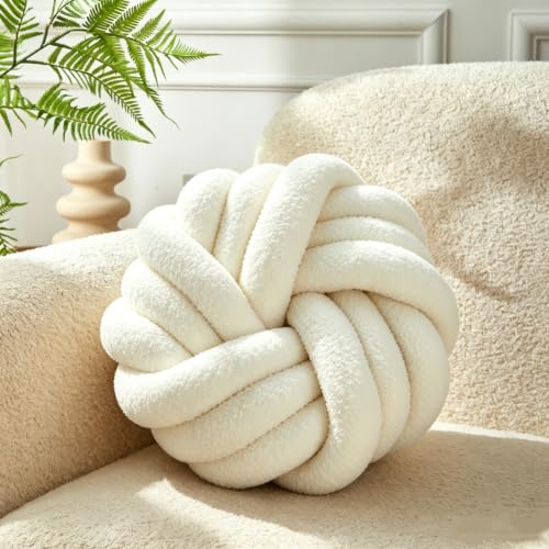 Cream White Knot Pillow 13.7'' Round Throw Pillow Soft Plush Knot Ball Pillow Handmade Knotted Pillow Modern Home Decorative Knotted Pillow Cushion for Bed Bedroom, Sofa, Couch