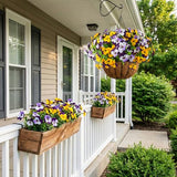 2 Set Artificial Outdoor Pansy Flowers with Hanging Baskets, 2 Hanging Baskets with 24 Pcs Silk Flowers for Spring Easter Decorations Porch Patio Home Decor (2, Purple, Yellow, White, Light Purple)