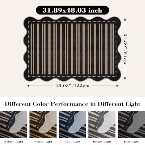 Striped Easy Jute Front Door Mat, 2.6x4 Washable Entryway Rug Non Slip Small Kitchen Rug, Farmhouse Low Pile Floor Scalloped Rugs for Bathroom Porch Doorway