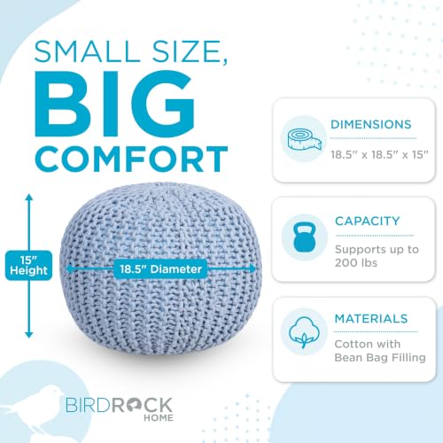 BIRDROCK HOME Round Pouf Ottoman Foot Rest - 18.5”x18.5”x15” Boho Compact Comfortable Soft Cotton Braided Foot Stool with Bean Bag Filling for Living Room, Bedroom, or Nursery (Soft Blue)