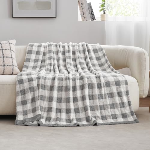 Snuggle Sac Buffalo Plaid Bedding Blanket Twin Size, Super Soft, Cozy Warm Knit Decorative Blankets, Reversible Plaid Fluffy Throws for Bed, Plaid Grey, 60x80 Inches