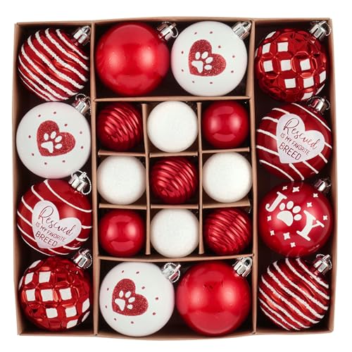 DecorbyHannah Christmas Ornaments Set, 21ct Red and White Ornaments for Christmas Tree Decorations, Pet Dog Shatterproof Plastic Decorative Hanging Ball Bulk for Xmas Holiday Indoor Party Decor
