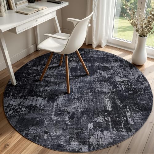 Sasttie 5ft Round Area Rug, Modern Abstract Circle Carpet, Black & Grey