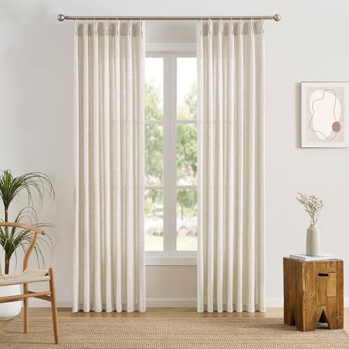 RAIN CITY Extra Long Pleated Sheer Curtains 144 Inches Long 12 Feet Length, Memory Trained Luxury Drapes for Tall Window Thick Linen Textured Cream Light Filtering Privacy Neutral Panels Set of 2