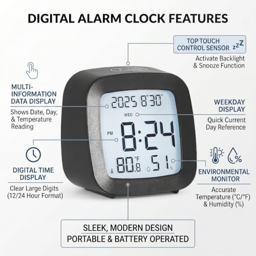 Digital Alarm Clock with Backlight, Snooze, Temp & Humidity Display,Black | Time, Date & Weekday Temperature & Humidity Touch Backlight 5-Minute Snooze,Battery Operation Long Battery Life