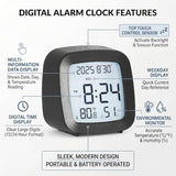 Digital Alarm Clock with Backlight, Snooze, Temp & Humidity Display,Black | Time, Date & Weekday Temperature & Humidity Touch Backlight 5-Minute Snooze,Battery Operation Long Battery Life
