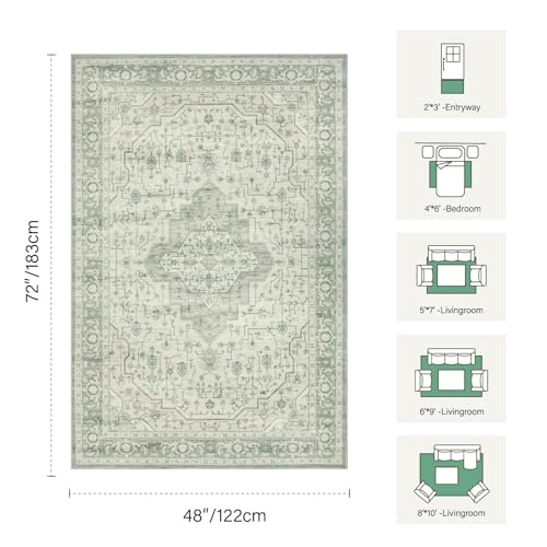 4x6 Vintage Boho Washable Rug for Bedroom(Green)