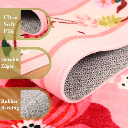Floral Area Rug for Kitchen, Washable 2x6 Pink Runner Rugs