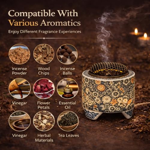 Ceramic Holder Electric Incense Burner Blue & White Porcelain Built-in LED Lights Simulate Flames, Classical, Elegant and High-end Top Hollow Design