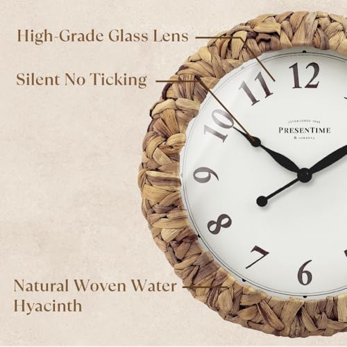 Presentime & Co. Farmhouse Series, Rustic Woven Clock, 14 inch, Natural Woven Water Hyacinth/Sea Grass. Wall Sculpture, Wall Art and Timepiece for Home Decoration/Decoration/Farmhouse Décor