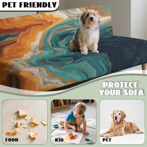 Marble Print Orange Cyan Armless Futon Cover Futon Mattress Covers Soft Elastic Dustproof Couch Slipcover Washable Sofa Bed Protector with Elastic Bottom