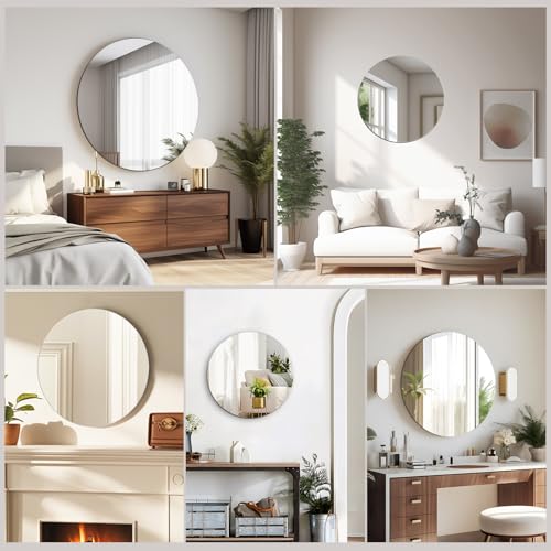 20'' Glass Round Mirror for Wall Decor, Wall Mounted Circle Mirror with Adhesive Tapes for Bathroom, Living Room, Vanity, Bedroom, Entryway, Over Sink, Hallway, Home Decor