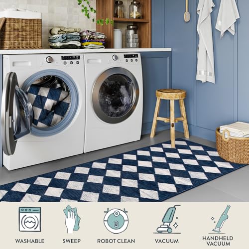 Lahome Checkered Washable Kitchen Rug Blue 2x6 Rug Runners for Hallways