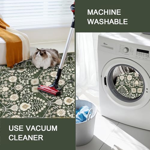 3x5 Rug Machine Washable Rugs：Boho Area Rugs Floral Rug for Living Room,TPR 3x5 Non Slip Dark Green Rugs for Under Table Carpet for Laundry Room Kids Room Dining Room
