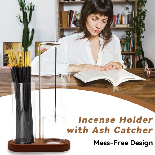 Incense Holder, 2 in 1 Incense Sticks Burner with Glass Ash Catcher & Stick Storage, Meditation Yoga Spa Gifts for Women, House Warming Gifts New Home Wooden Aesthetic Room Decor, Rustic Brown