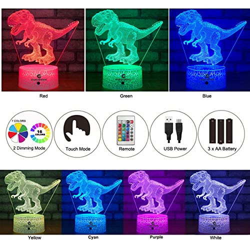 easuntec Dinosaur Toys 3D Night Light with Remote & Smart Touch 7 Colors + 16 Colors Changing Dimmable TRex Toys 1 2 3 4 5 6 7 8 Year Old Boy or Girl Gifts (TRex 16WT)