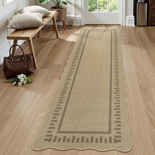 LIVEBOX Scalloped Washable 2x8 Runner Rug, Easy Jute Outdoor Rug Kitchen Tan Rugs for Hallway Entryway, Indoor Non Slip Rugs Farmhouse Geometric Carpet Door Mat for Porch Laundry Room Bedroom Boho