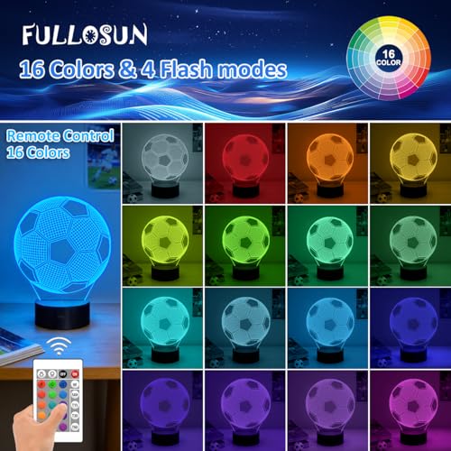 FULLOSUN Kids Night Light Soccer 3D Optical Illusion Lamp with Remote Control 16 Colors Changing Football Birthday Xmas Valentine's Day Gift Idea for Sport Fan Boys Girls