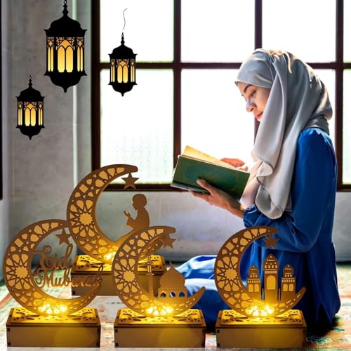 Eid Crafts Night Light Ramadan Mubarak Moon Lamp 3D Handmade LED Lights Eid Ornaments Gift for Muslims, Islamic Family Friend Home Bedroom Decor