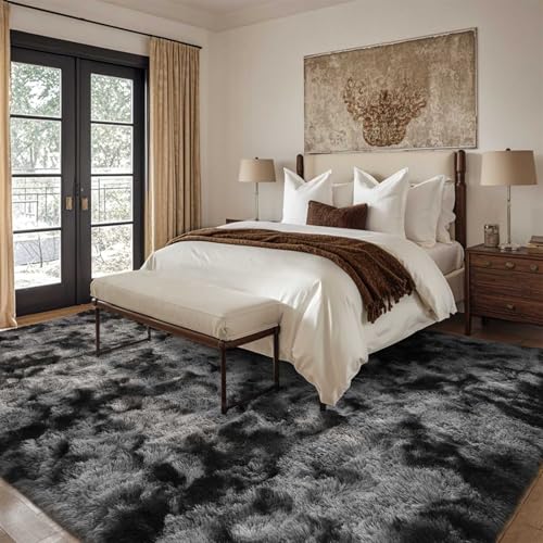 6x9 Ft Large Shag Rugs for Living Room Decor, Tie-Dyed Ultra Soft Fluffy Furry Area Rugs for Bedroom Indoor Floor, Aesthetic Carpet for Kids Home (Dark Grey)