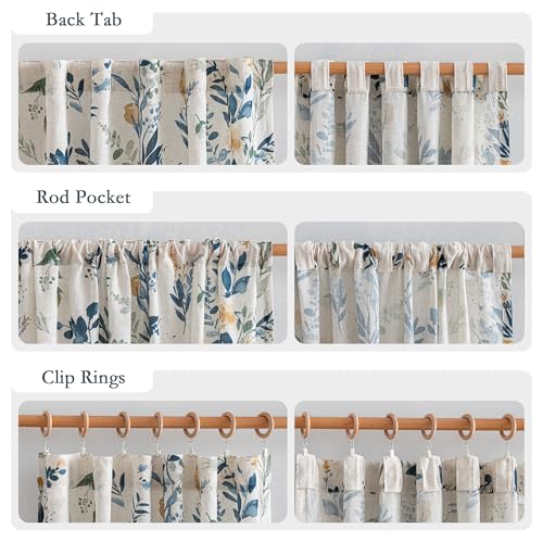 MYSKY HOME Floral Linen Curtains 84 Inch Long Set of 2 for Living/Dining Room Semi Sheer Light Filtering Farmhouse Flower Patterned Back Tab Drapes, Yellow and Blue, W50 Each Panel