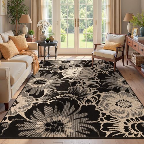 Findosom Washable Area Rug 5x7, Non Slip High-Low Textured Floral Rugs for Living Room with Rubber Backing, Boho Carpet for Bedroom, Kitchen, Entryway, Laundry, Black & Beige