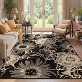 Findosom Washable Area Rug 5x7, Non Slip High-Low Textured Floral Rugs for Living Room with Rubber Backing, Boho Carpet for Bedroom, Kitchen, Entryway, Laundry, Black & Beige