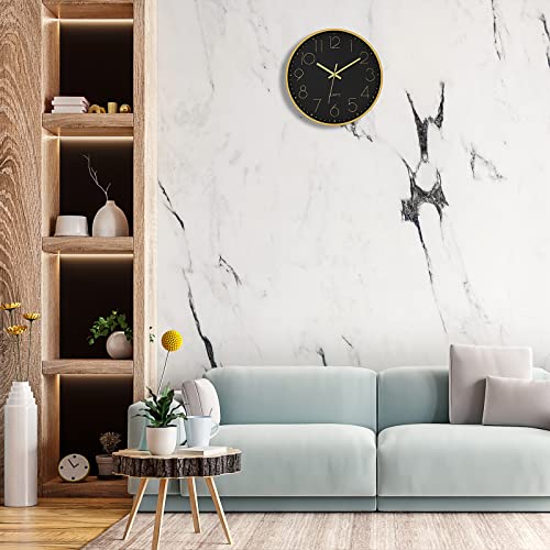 Foxtop Black Gold Wall Clock 12 Inch Silent Non-Ticking Battery Operated Round Quartz Modern Wall Clock for Living Room Kitchen Bedroom Home Office School Decor